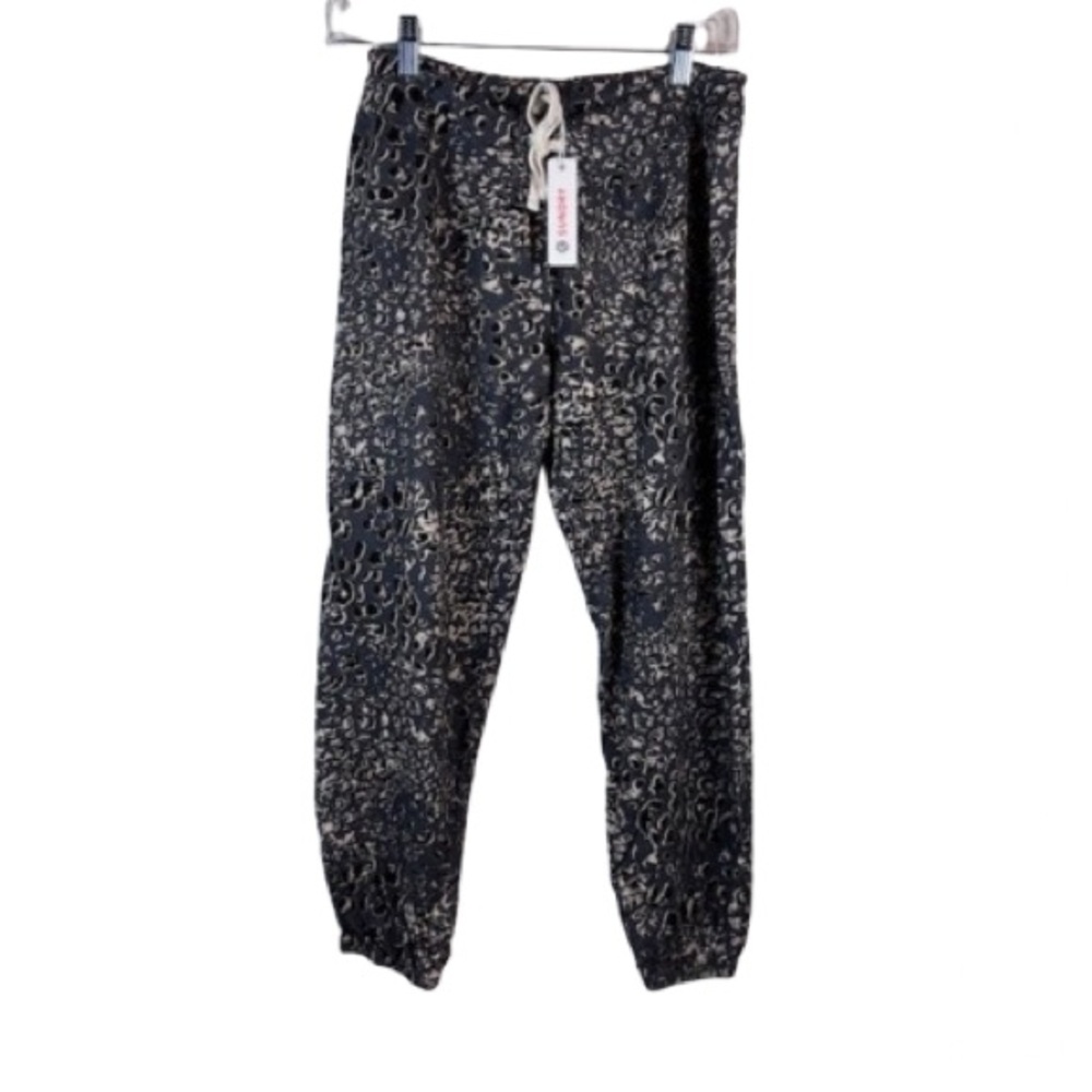 Sundry Black Cream Abstract Leopard Joggers Soft Knit Lounge Pants Size 1 Small